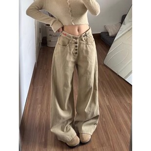 美式复古卡其色弯刀牛仔裤女春季2026新款设计感高腰宽松阔腿裤子