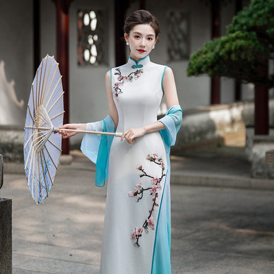 模特走秀旗袍披肩两件套演出服