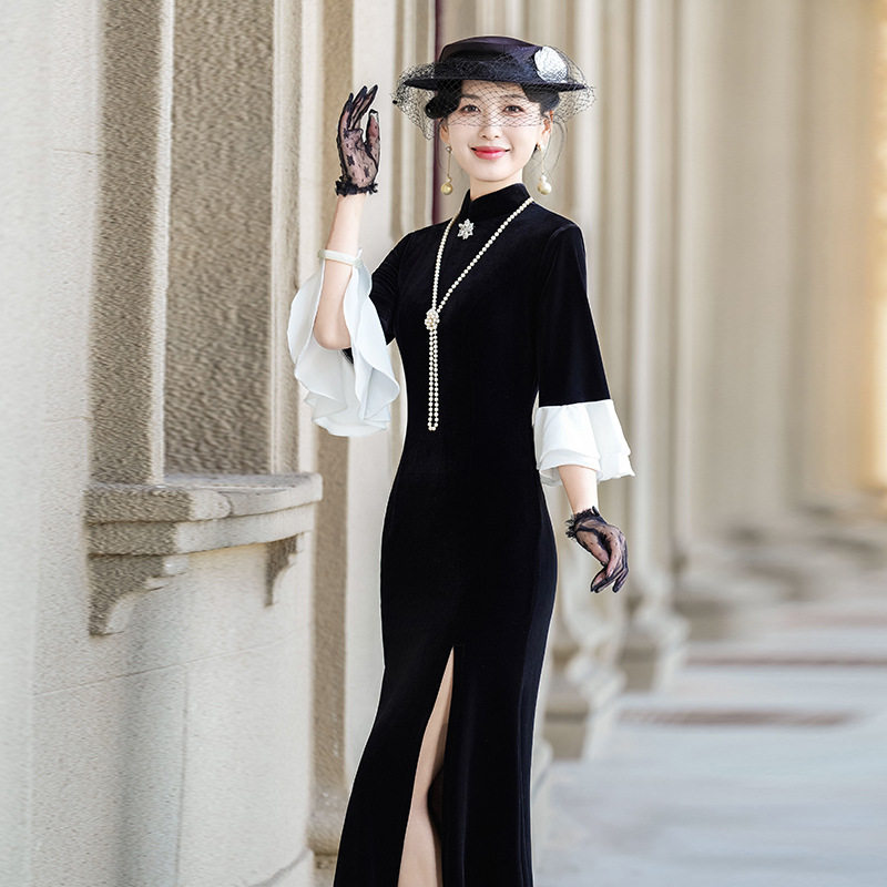 黑色显瘦高开叉长款改良旗袍