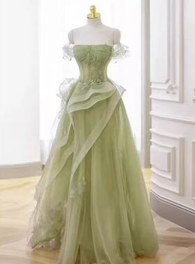 果绿色一字肩晚礼服女气质优雅感主持人钢琴小提琴艺考演出服晚装