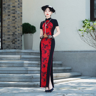 26新款弹力麻高端走秀演出复古长款新中式黑红色竹子显瘦表演旗袍
