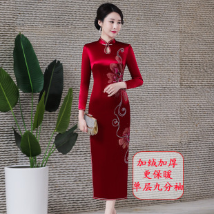 七分袖 2022春季 重磅醋酸旗袍连衣裙复古改良时尚 结婚敬酒长款 新款