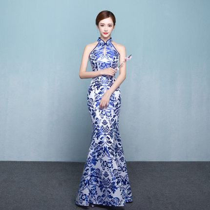 青花瓷中国风优雅无袖长款旗袍女演出修身显瘦舞台表演礼服连衣裙