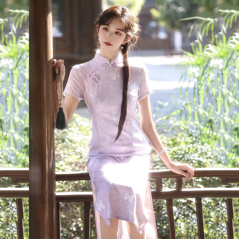 紫色蕾丝国风新中式长款改良旗袍2026新款年轻款女感短袖夏季