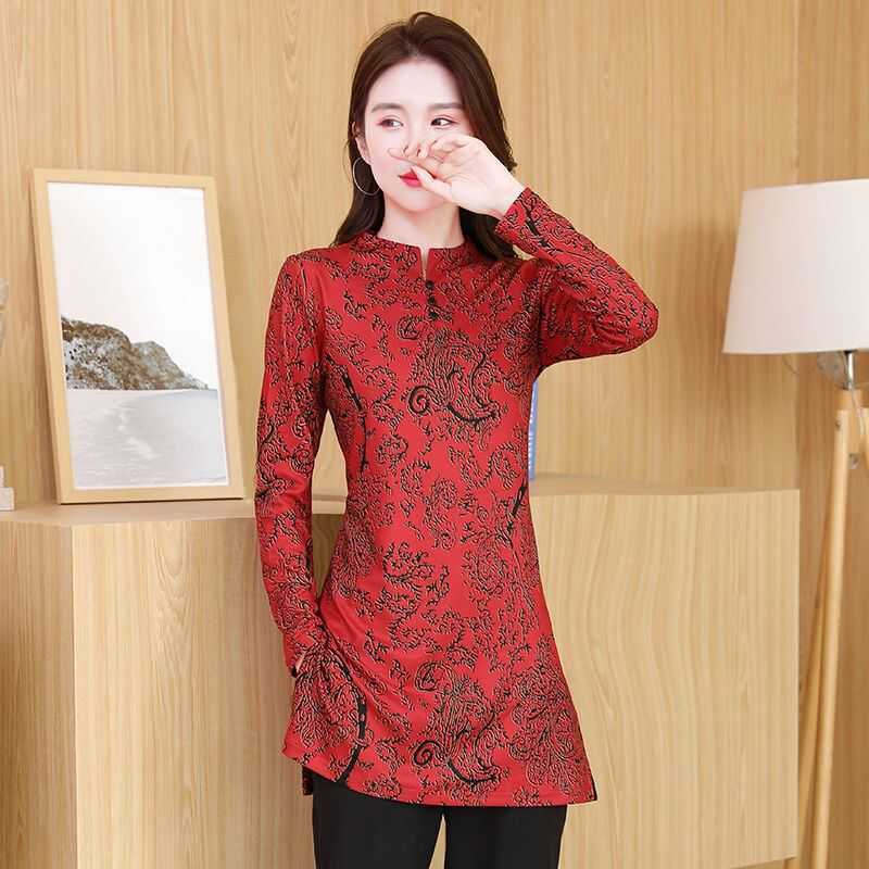 中国红复古妈妈装针织打底衫女