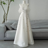 法式 缎面轻婚纱一字肩小众设计超仙迎宾出门纱气质高端森系礼服裙