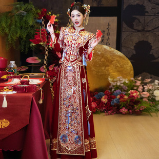 新中式 秀和服丝绒敬酒服女 新娘嫁衣级感气质秀禾服立领遮臂长款