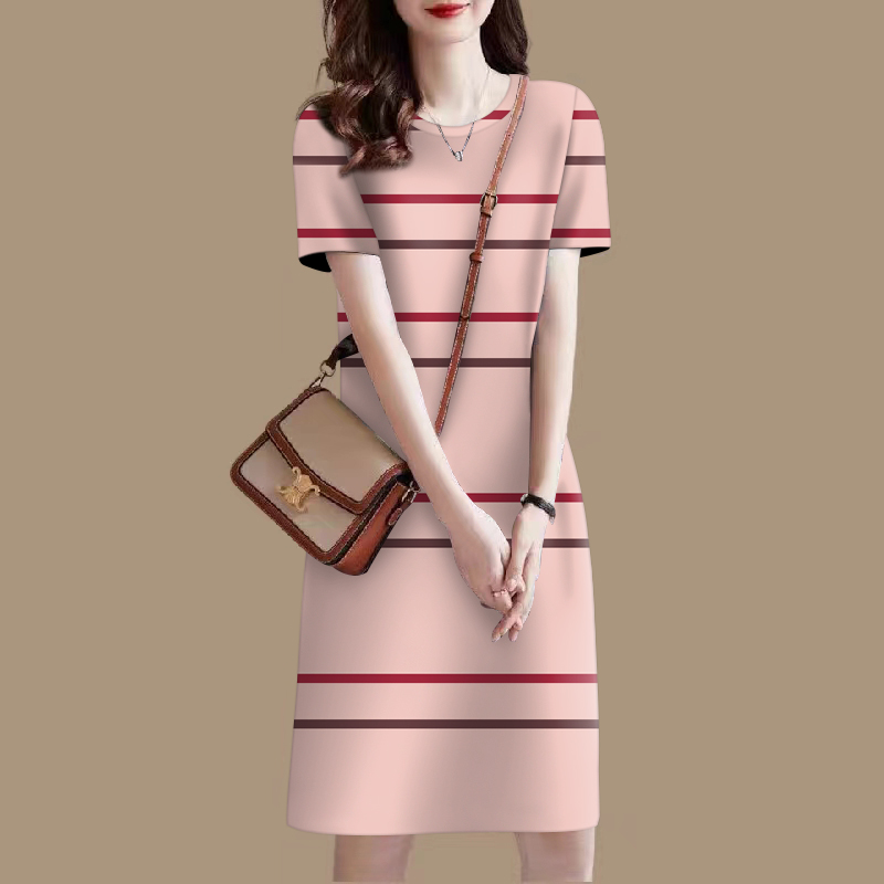 2025新款夏季减龄短袖遮肚中长裙时尚休闲百搭条纹宽松连衣裙