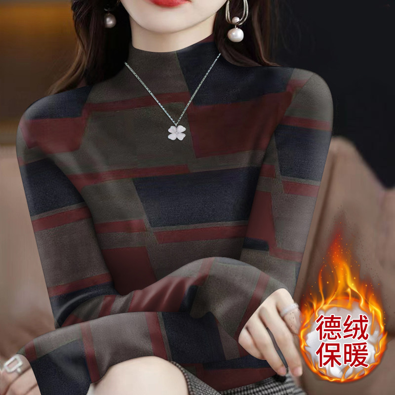 德绒保暖印花T恤女秋冬新款气质妈妈装宽松大码半高领套头打底衫