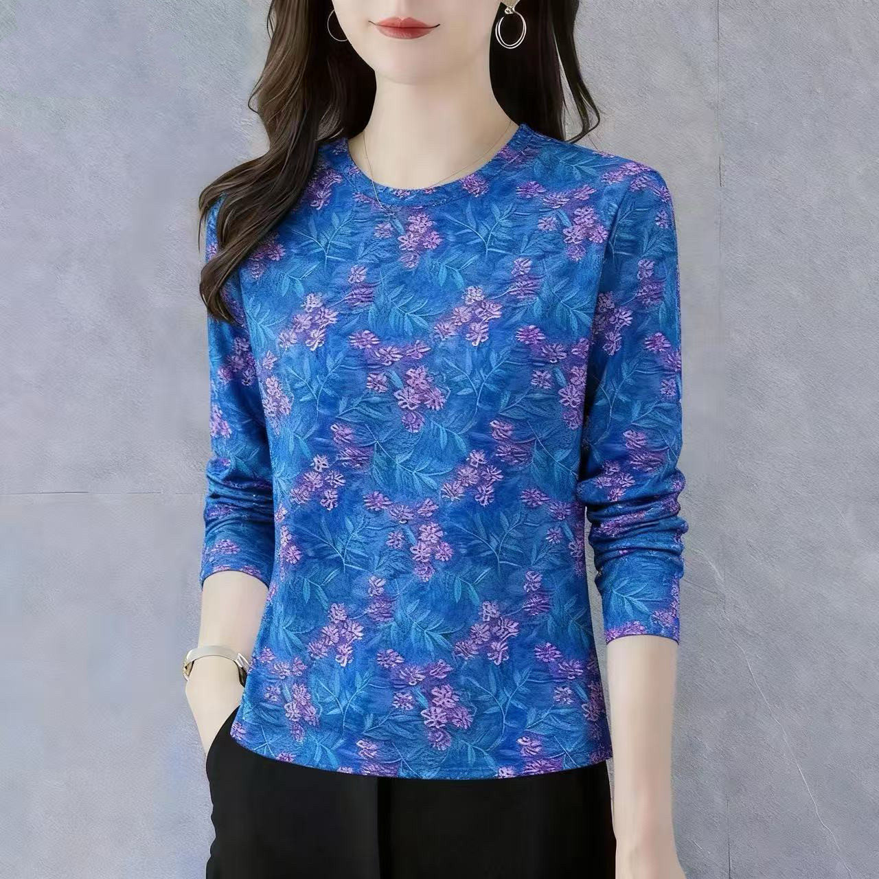 2025春秋新款妈妈装长袖圆领打底衫洋气减龄遮肚显瘦T恤女上衣潮