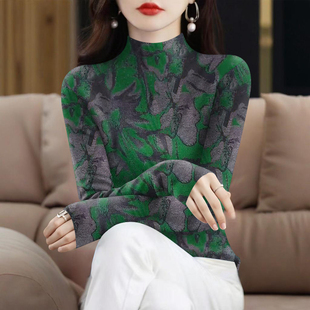 半高领套头打底衫 宽松大码 气质妈妈装 德绒保暖印花T恤女秋冬新款