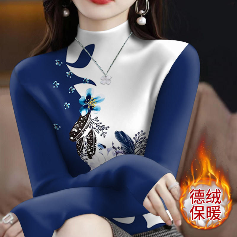 德绒保暖印花T恤女秋冬新款气质妈妈装宽松大码半高领套头打底衫