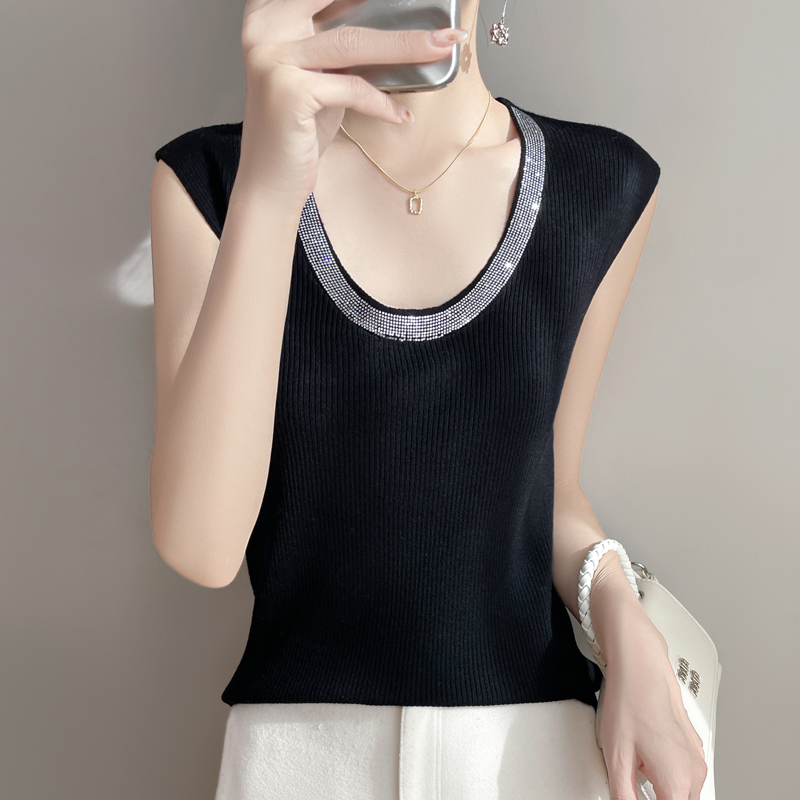 重工烫钻针织背心女无袖圆领吊带百搭显瘦细精纺羊毛打底衫内搭秋