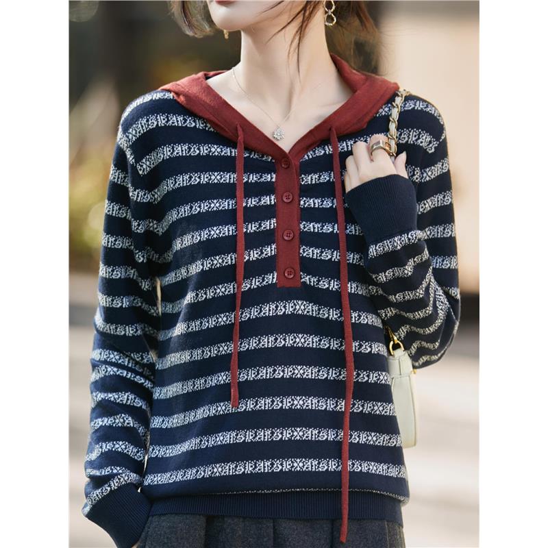 25秋冬时尚拼色条纹连帽精细毛针织衫女宽松显瘦帽衫毛衣上衣新