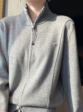 灰色双拉炼高领针织衫开衫运动短款洋气上衣小个子秋季毛衣外套女