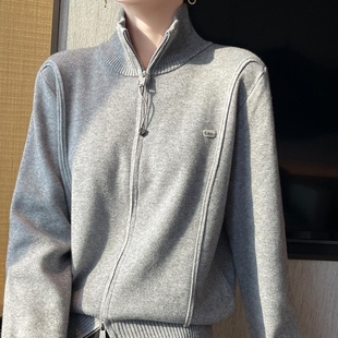灰色双拉炼高领针织衫开衫运动短款洋气上衣小个子秋季毛衣外套女