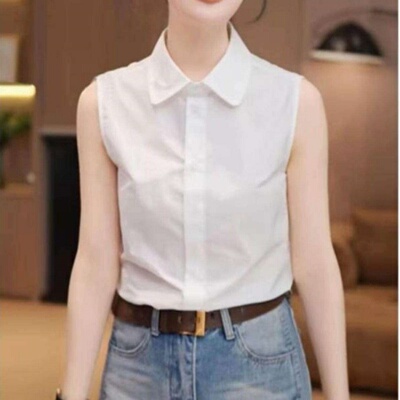 白色纯棉无袖翻领衬衫女春夏