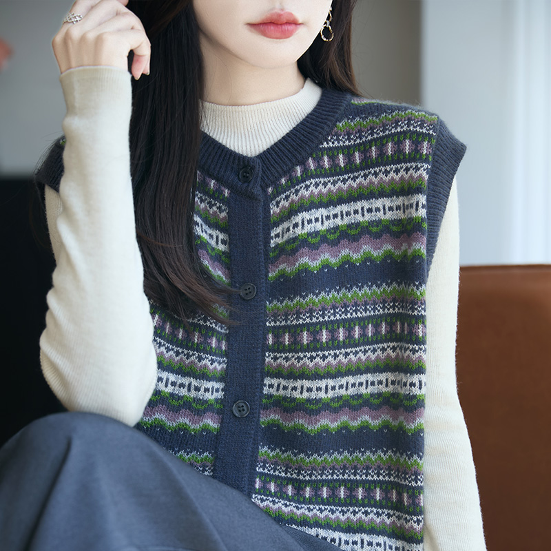 费尔岛复古提花针织开衫马甲女春秋无袖坎肩毛衣背心外套叠穿上衣