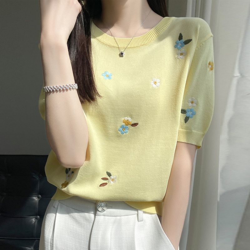 重工刺绣针织短袖t恤女夏季图片