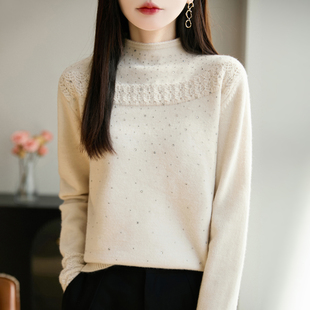 轻熟优雅风镶钻提花针织衫女2025新款半高领加厚保暖打底洋气毛衣
