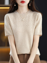 韩版短袖t恤女夏季2023新款圆领羊毛衫半袖薄款镂空短款针织上衣