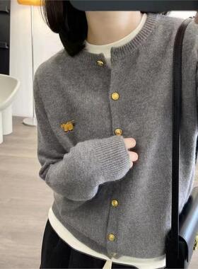 25早秋新款100%纯羊毛衫开衫女圆领短款刺绣外套羊绒针织叠穿上衣