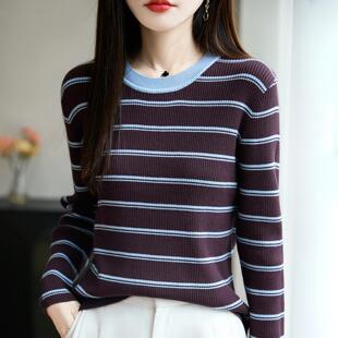miu系条纹长袖针织打底衫女100纯棉撞色修身保暖洋气格雷系上衣潮