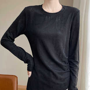 设计感新中式洋气长袖t恤女白色提花针织打底衫内搭圆领显瘦上衣