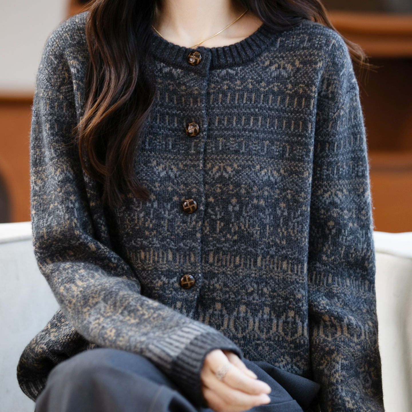 法式覆古提花针织开衫女外套miu系毛衣25秋冬加厚保暖费尔岛上衣