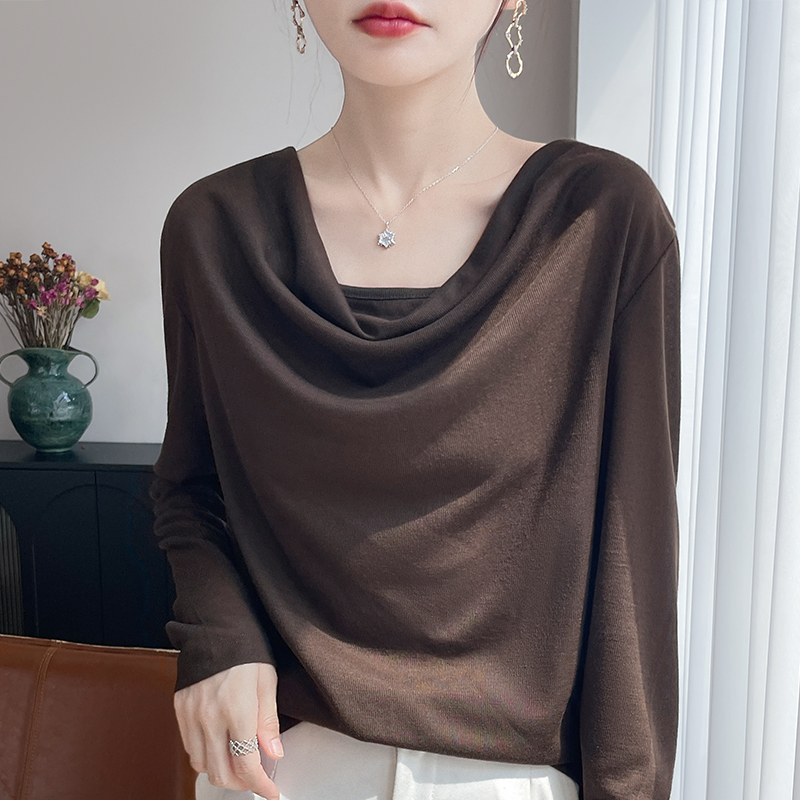 法式气质荡领长袖t恤女薄针织衫氛围感美女收腰打底衫一字肩上衣