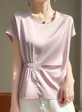 桑蚕丝圆领短袖真丝T恤收腰宽松夏季显瘦气质洋气时尚休闲半袖F04