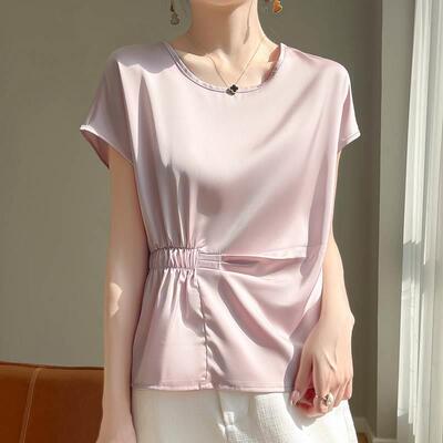 桑蚕丝圆领短袖真丝T恤收腰