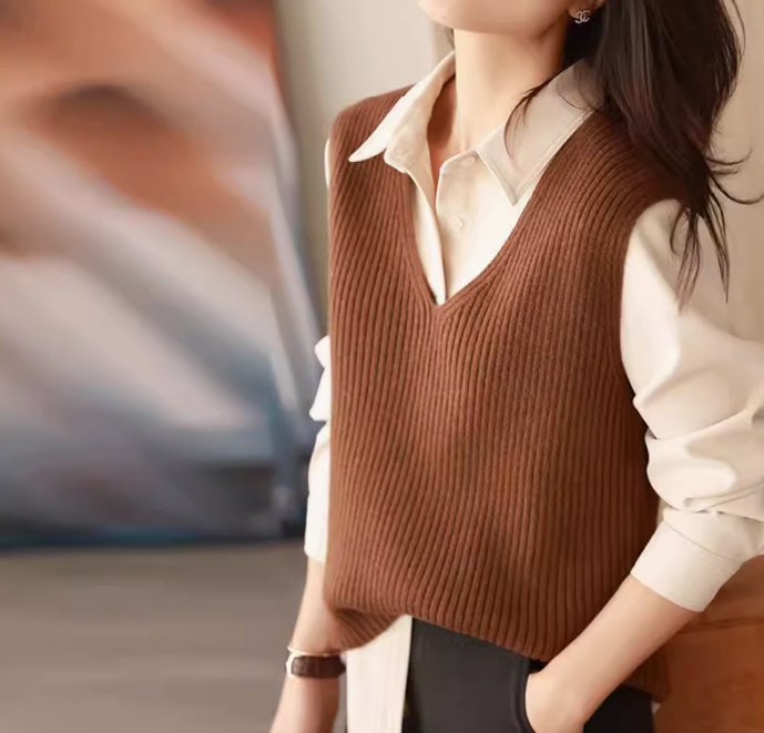 叠穿V领针织衫马甲背心女秋冬