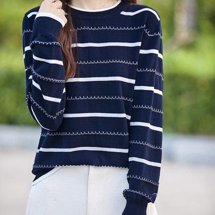 纯棉线蓝白条纹长袖针织