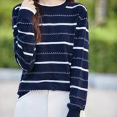 2025新款 女早秋季 气质舒适内搭上衣 针织打底衫 纯棉线蓝白条纹长袖
