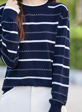 纯棉线蓝白条纹长袖针织打底衫女早秋季2025新款气质舒适内搭上衣