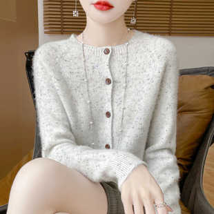 秋冬新款点子纱高端百搭开衫女100纯羊毛宽松圆领针织加厚外套