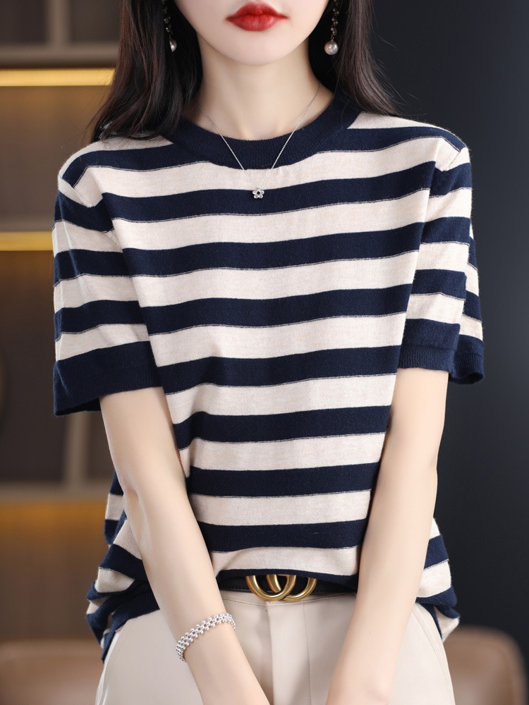 针织短袖圆领拼色莫代尔