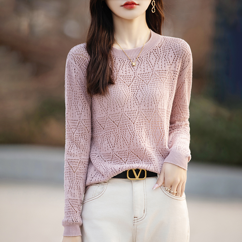 春夏季纯棉线圆领镂空针织打底衫女全棉长袖毛衣宽松防晒衫上衣