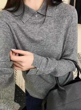 翻领纽扣亲肤秋冬羊毛内搭打底衫气质减龄灰色毛衣针织衫女士毛衫