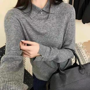 翻领纽扣亲肤秋冬羊毛内搭打底衫气质减龄灰色毛衣针织衫女士毛衫