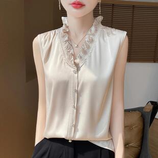 V领花苞领上衣女装 2025夏季 背心女木耳边内搭打底衫 缎面无袖 新款