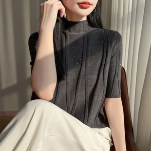 中袖 遮肉薄款 毛衣内搭 气质烫钻半高领针织打底T恤女大码 2026新款