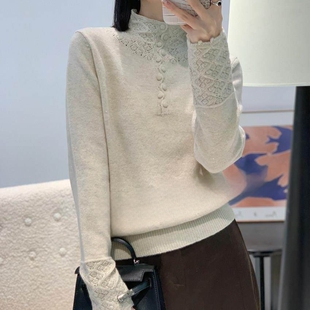 毛衣 洋气宽松女款 半扣领钩花细闪蜜熊绒 羊毛高品秋冬针织打底衫