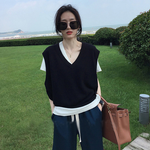 针织羊毛马甲女初秋2026新款纯色坎肩V领宽松背心套头韩系毛衣潮