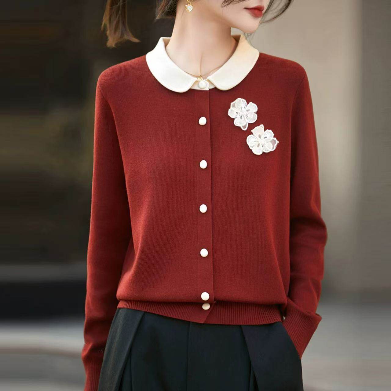 法式高端立体绣花针织开衫女2025新款气质娃娃领毛衣外套打底上衣
