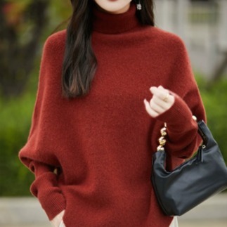 红色高领纯羊毛不规则斗