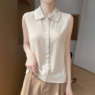 polo领t恤衬衣内搭打底衫 针织薄款 针织砍袖 翻领衬衫 白色上衣 无袖