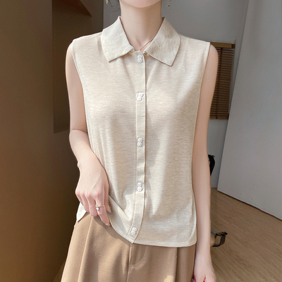 针织薄款无袖翻领衬衫针织砍袖