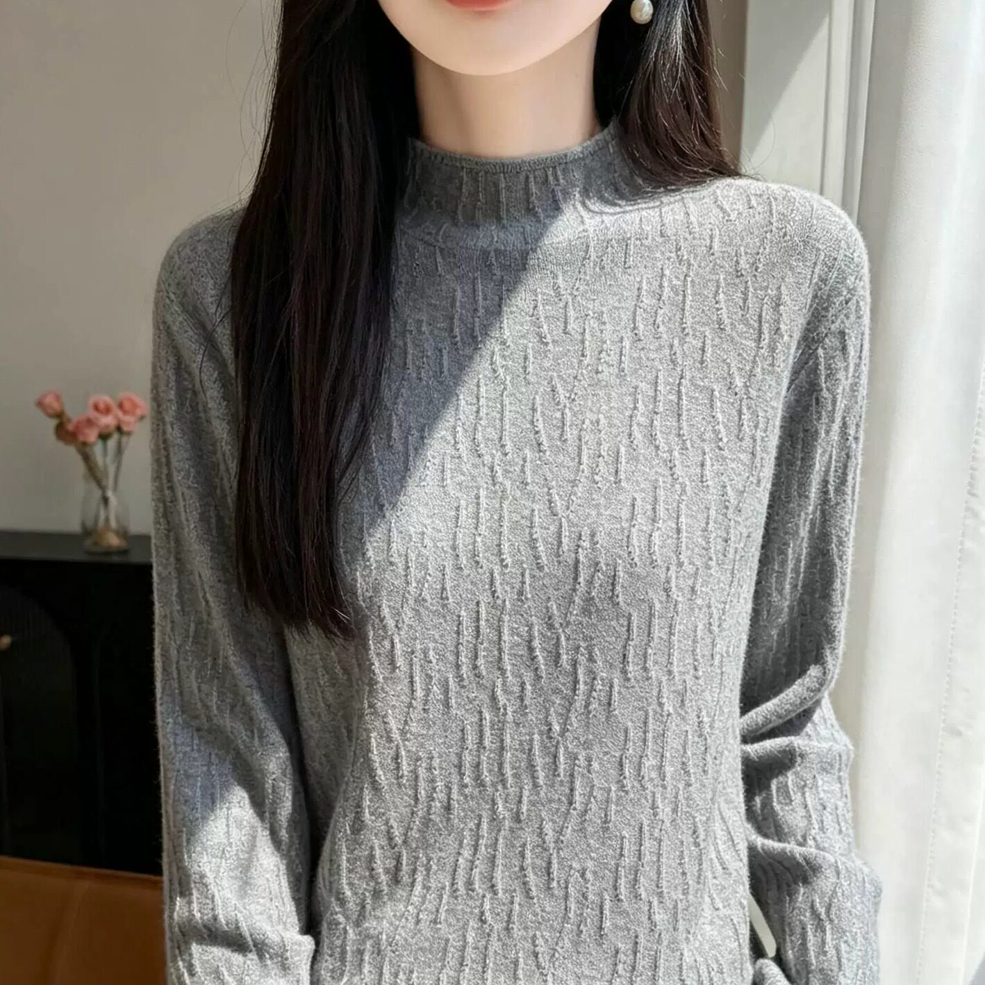 慵懒风肌理感半高领针织衫女长袖修身洋气内搭打底衫提花毛衣上衣